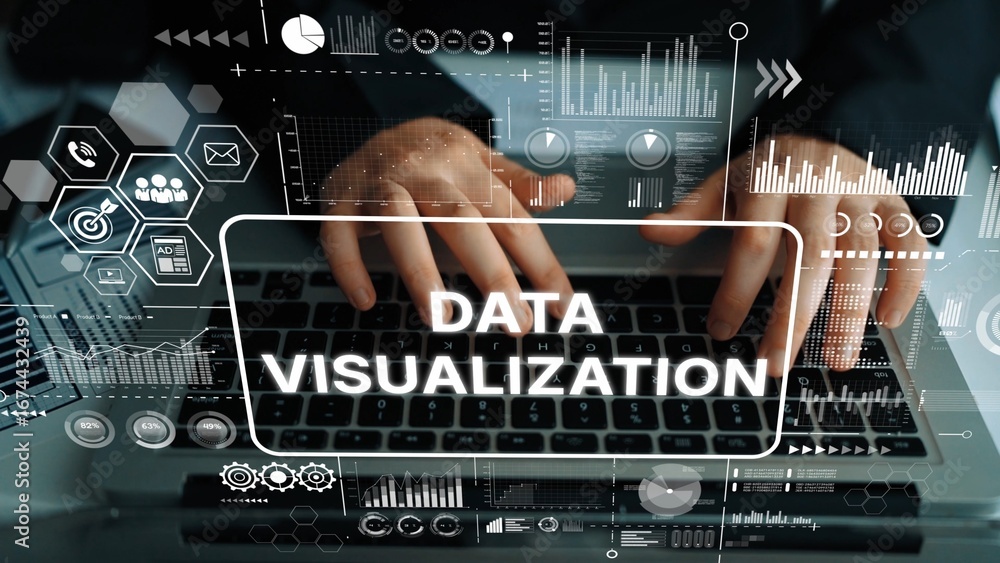 Poster detailed data visualization concept with hands on keyboard and graphical elements representing infor