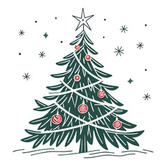Vector illustration of a decorated Christmas fir tree with a star and snowflakes