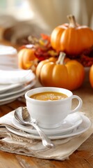 Fototapeta premium Delicious warm pumpkin soup in white cup sits on wooden table, autumn harvest decor
