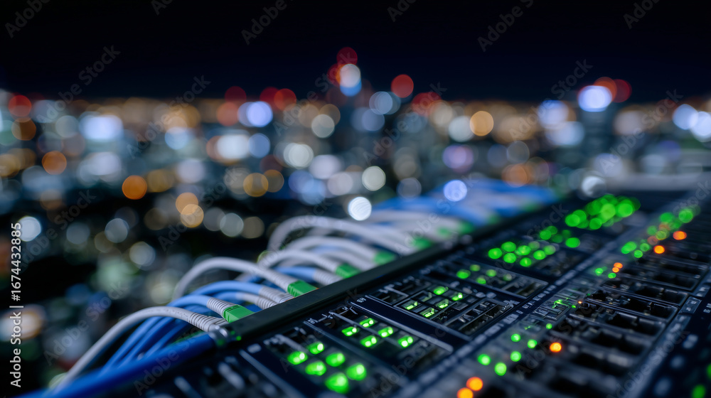 Poster close-up of network switch with glowing green and amber led lights, multiple ethernet cables plugged