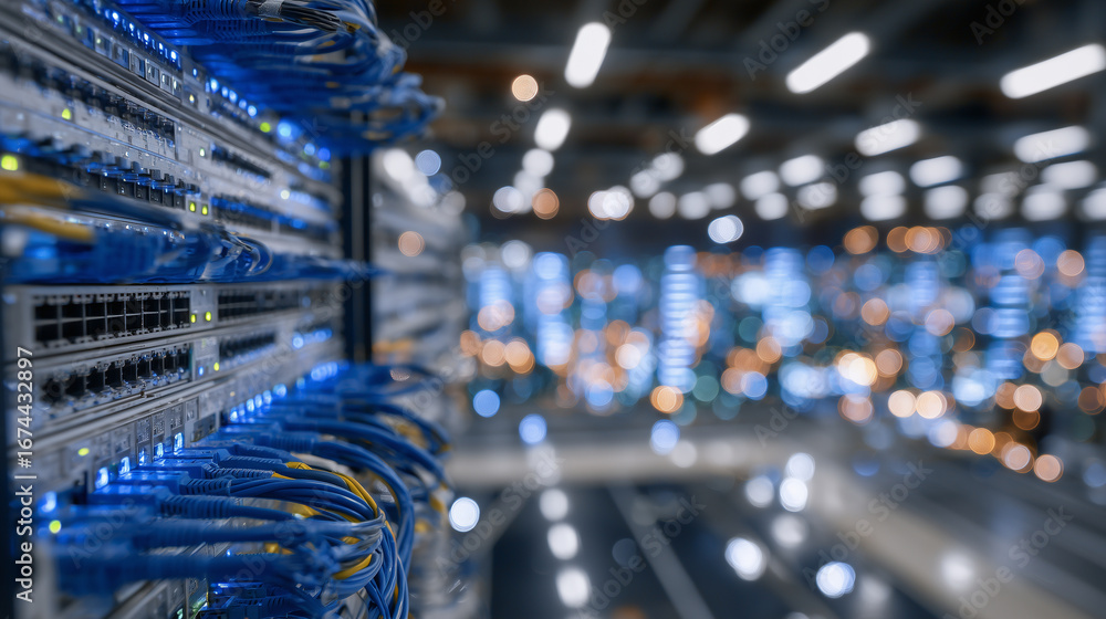 Poster detailed view of network switch panel, neatly arranged blue and yellow cables inserted, blinking lig