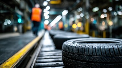 Radial tires being loaded onto a conveyor belt by an employee main tire in sharp focus and the rest of the facility softly blurred to show scale.