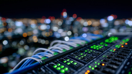 Close-up of network switch with glowing green and amber LED lights, multiple Ethernet cables plugged in, symbolizing high-speed data transfer and digital connectivity