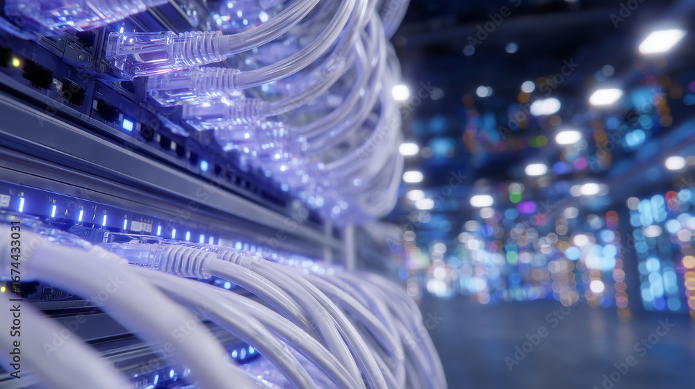Poster sharp focus on network switch port connections, luminous status indicators flashing, bundled cables 