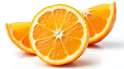 Fototapeta premium Close up of sliced orange showing juicy segments with bright orange color and fresh texture on white background