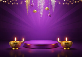 Purple stage setup featuring and diwali diya lamp decorations, in the purple background.