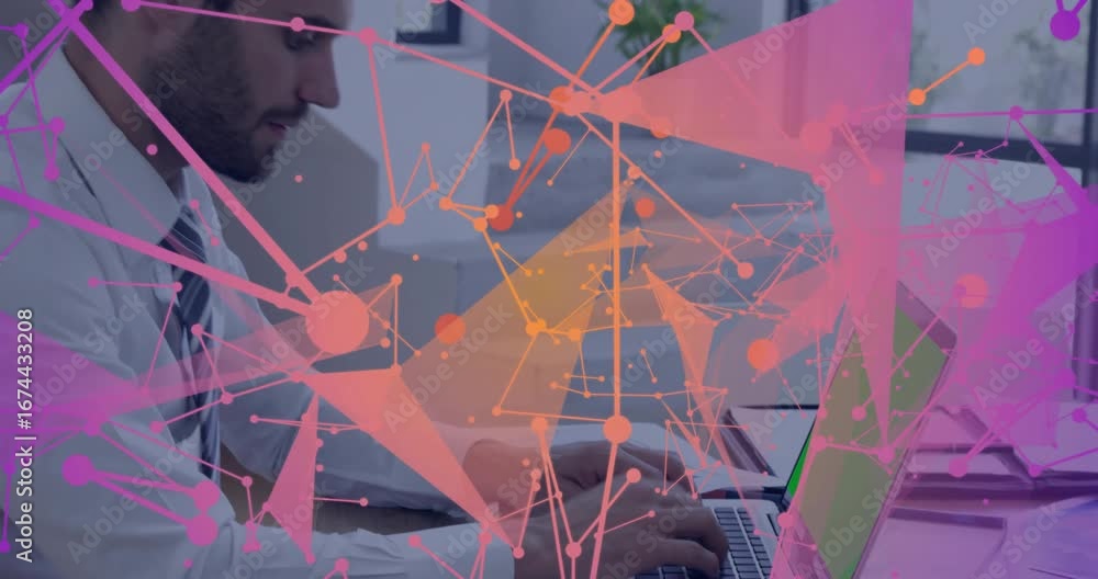 Poster it pro starting typing on green screen laptop in office displaying network map showing data flow