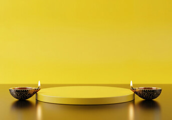 Yellow stage setup featuring and diwali diya lamp decorations, in the yellow background.