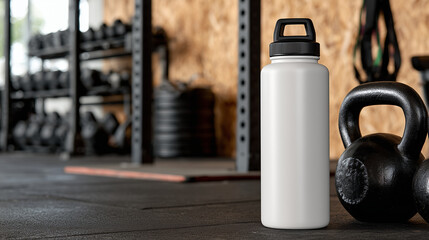 White bottle mockup surrounded by gym equipment: kettlebells, resistance bands, and barbell rack, showcasing robust sport culture and fitness inspiration