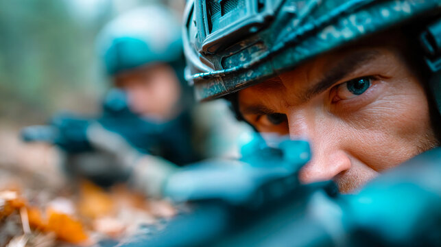 Close-up of a soldier with intense blue eyes focused during training in the forest