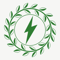 Eco certification concept. Electric energy symbol with leaf wreath for sustainability badge