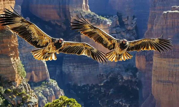 Two Majestic California Condors Soaring Over a Canyon.