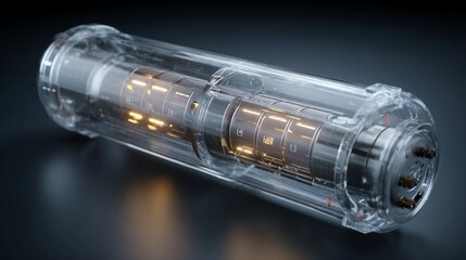 Clean 3D model of transparent energy storage capsule with visible ion flow and glowing electrodes isolated for futuristic power source or battery technology