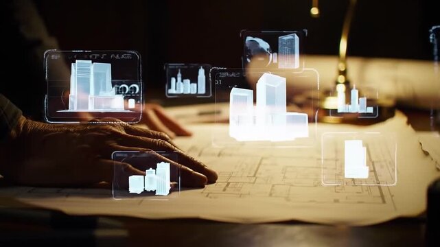 Engineer analyzing holographic data projections and 3D architectural models on a traditional drafting table for future city planning