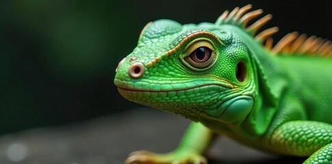 Naklejka premium Close-up of green lizard's face with spiked scales on back, close-up, animal, scutes