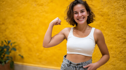 Full-body shot of woman in fitted athletic wear holding wide jeans against a glowing yellow wall, joyful pose conveys triumph of weight loss journey