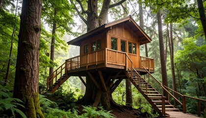 Wooden treehouse nestled in lush forest