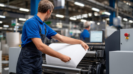 Close-up of worker adjusting levers while colleagues watch paper roll through industrial press, machinery details sharp and textured in factory lighting
