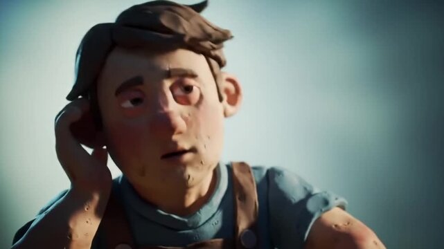 Expressive stop-motion character pondering a complex concept, illustrating a moment of deep reflection and creative ideation in a unique artistic style