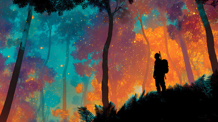 Mystical Adventure: Traveler Exploring a Glowing Enchanted Forest