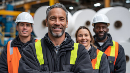 Diverse team of factory workers pose proudly in front of giant finished paper rolls stacked in industrial setting, symbolizing teamwork and production success