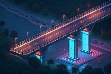 Illuminated modern bridge at night with neon accents