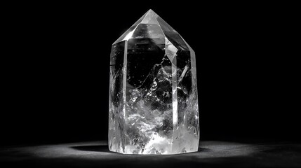 Transparent quartz illuminated from below, highlighting internal sparkles and reflections