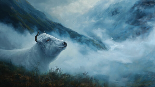
An ethereal white bull head emerges from misty mountains, powerful and mystical, symbolizing strength, mystery, and natural majesty