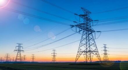Towering electricity pylons stretch across vast green fields under a vibrant sunset sky.