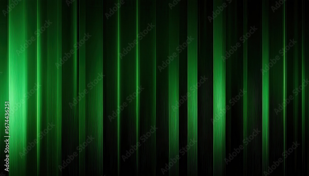 Poster glowing green light beams with vertical streaks on dark background creating futuristic digital textu