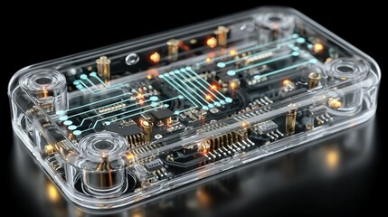 Clean 3D visualization of microfluidic chip with integrated channel networks and sensor ports isolated for futuristic lab-on-a-chip or biotech applications