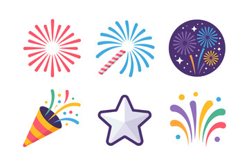 Festive fireworks icon bundle colorful fountains rockets starbursts party poppers vector clipart for celebration banners cards social posts