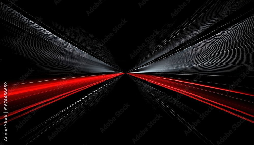 Poster futuristic red and silver light trails converging in abstract tunnel perspective with glowing energy