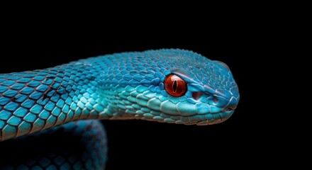 Fototapeta premium Close-up view of a striking, vibrant blue snake with intricate scales, set against a stark black background, showcasing its detailed texture and intense red eye.