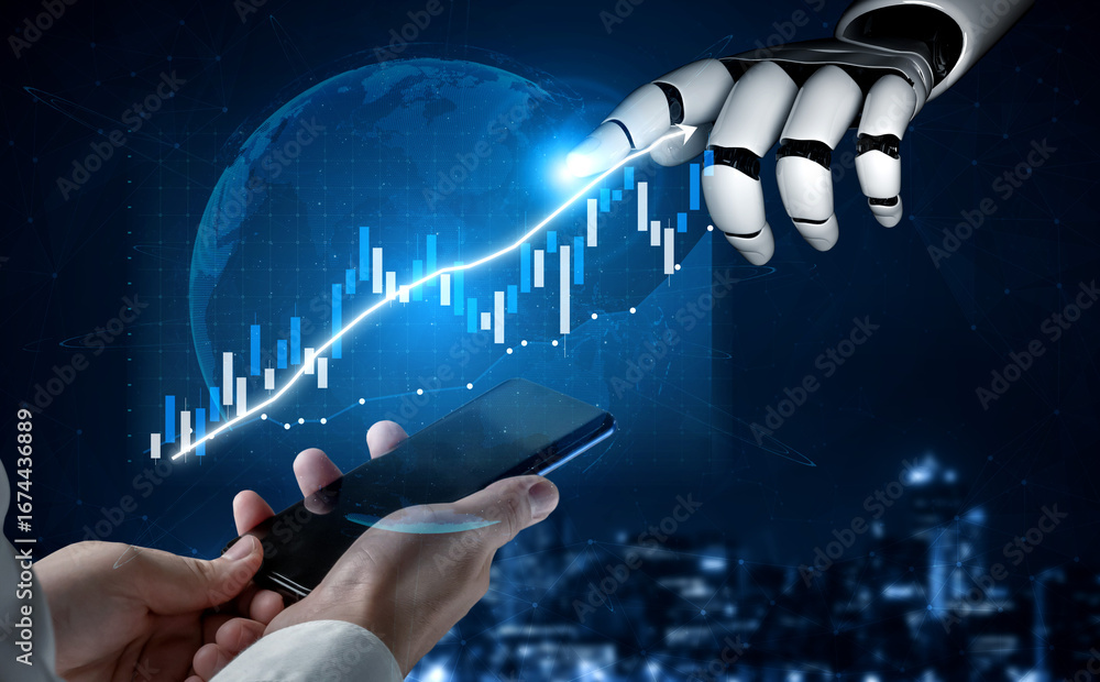 Aufkleber a robotic hand interacts with a smartphone displaying financial data, symbolizing the convergence of