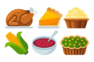 Traditional Thanksgiving meal set, turkey pie cupcakes corn cranberry sauce, cozy fall dinner icons, flat vector illustration