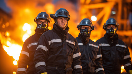 Diverse crew of hot metal cleaners standing near industrial equipment, safety protocols visible in helmets, visors, and gloves, dramatic glow of molten metal in background