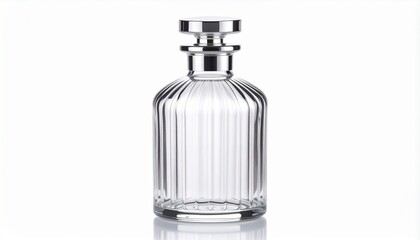 Elegant clear glass bottle with vertical ridges and a round flat-topped stopper, displayed against a neutral background