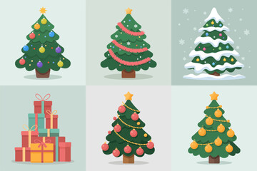 Decorated Christmas trees with presents and ornaments, modern evergreen icons for greeting cards, social posts, winter holiday vector bundle