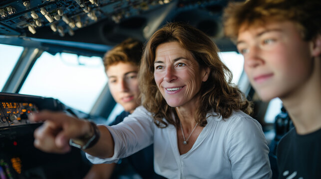 Middle-aged Hispanic female navigator points at digital flight map on cockpit console while attentive students watch, sunlight streaming through aircraft windows, highlighting team