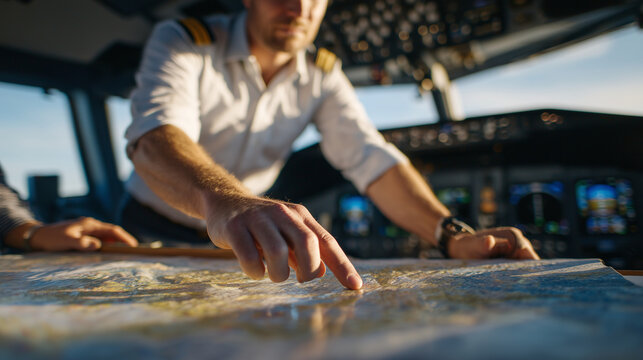 Close-up of navigatorâs hands pointing at navigation charts, students observing carefully, aircraft controls and dials reflecting warm natural light