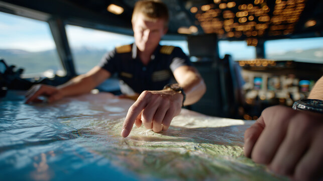 Close-up of navigatorâs hands pointing at navigation charts, students observing carefully, aircraft controls and dials reflecting warm natural light
