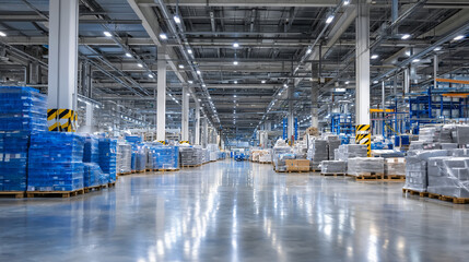 Perspective shot of facility aisles with multiple processing units, raw materials, and bright fluorescent lights reflecting off polished metallic surfaces