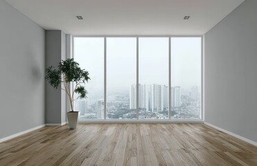 an empty room with floor-to-ceiling windows overlooking the city