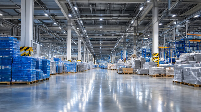 Perspective shot of facility aisles with multiple processing units, raw materials, and bright fluorescent lights reflecting off polished metallic surfaces