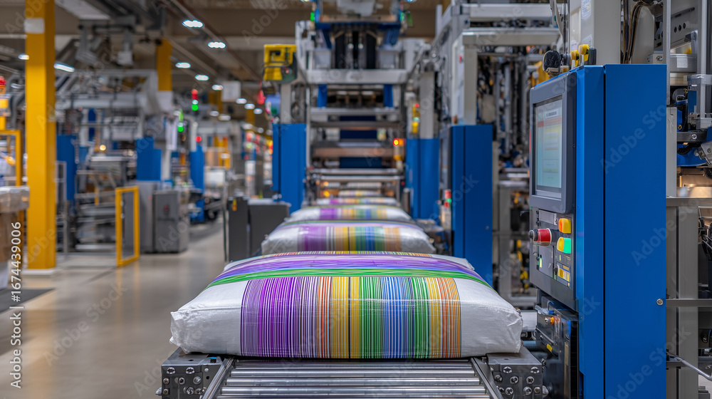 Aufkleber bright interior with multiple automated packaging lines filling bags with processed flour, color-cod