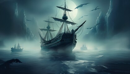 spooky ghost ship in a foggy sea