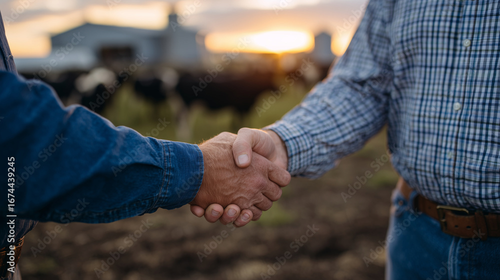 Poster close-up of two farmers shaking hands while sharing experiences, sunset casting long shadows, barns 