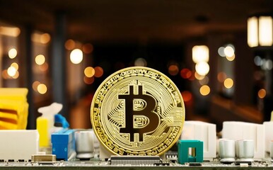 Bitcoin coin on computer keyboard. Crypto money
