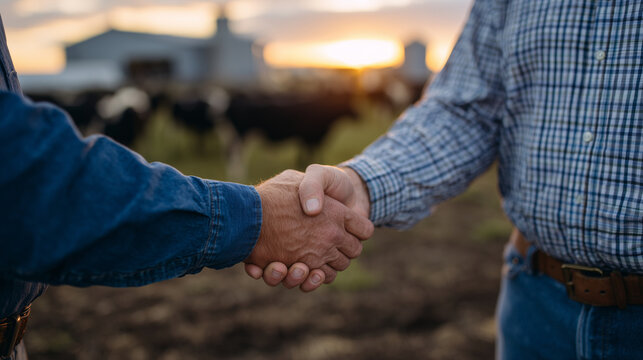 Close-up of two farmers shaking hands while sharing experiences, sunset casting long shadows, barns and grazing cattle visible in soft focus behind them